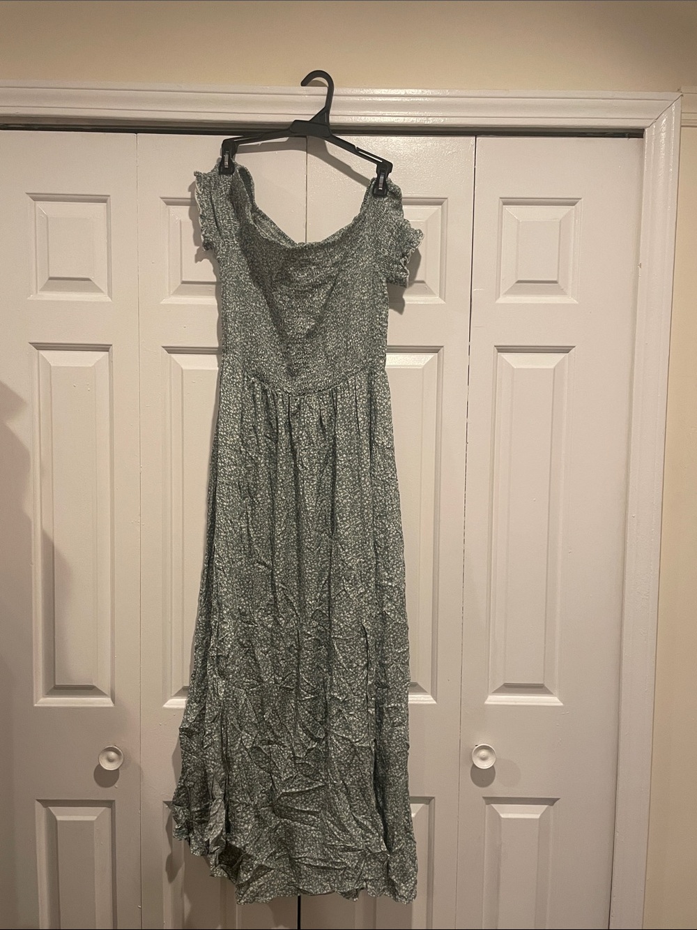 Smocked Off-Shoulder Green Floral Maxi Dress